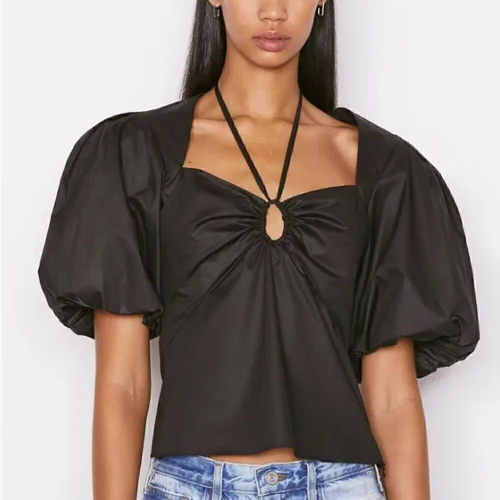 Frame Noir Black Puff Sleeve Tie Neck Top $475